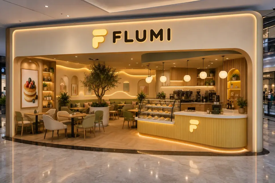 Interior del café FLUMI con vitrina de tartas, mobiliario verde y arbolado