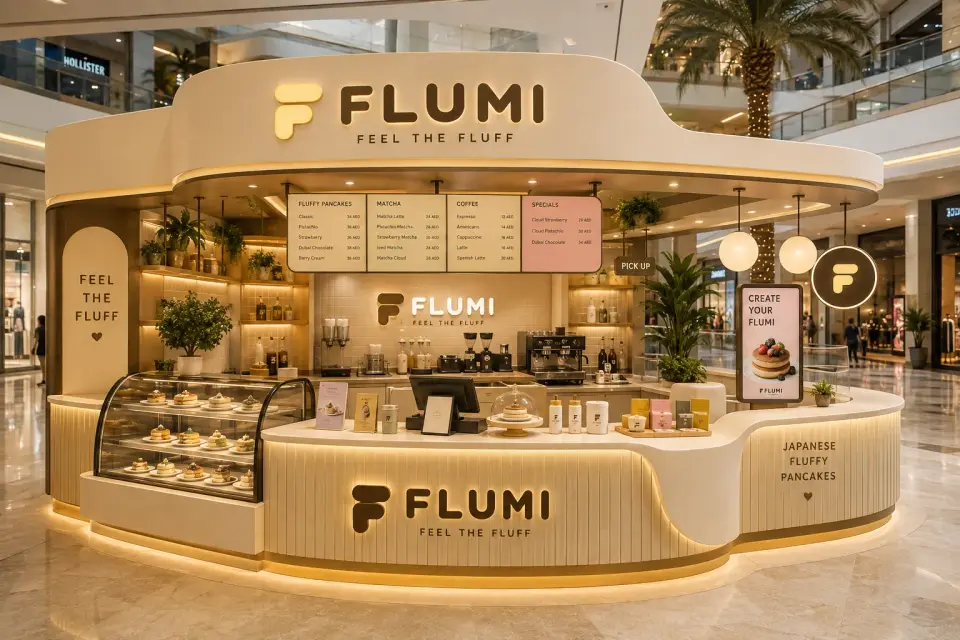 Fachada del local FLUMI con rótulo retroiluminado
