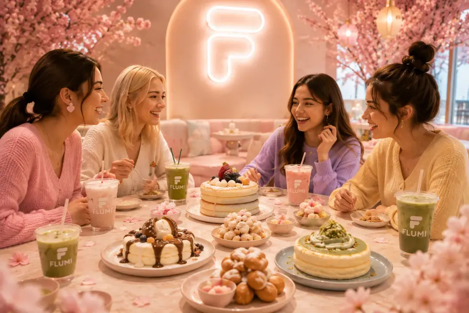 Mesa con vasos, tortitas y postres FLUMI, con el logotipo en neón al fondo